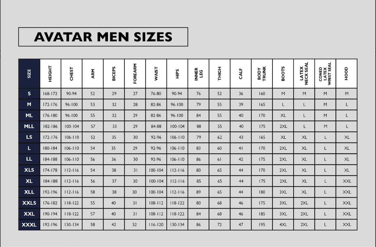 Avatar mens drysuit size guide