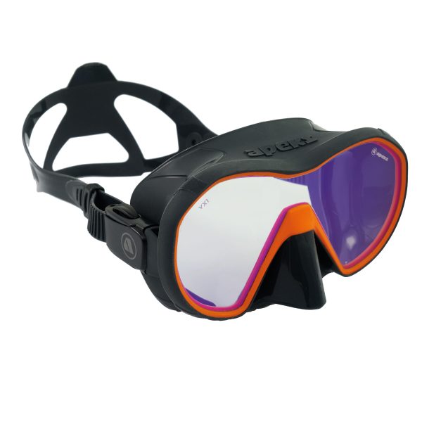 Apeks VX1 Mask in dark grey and orange with UV lens from the side