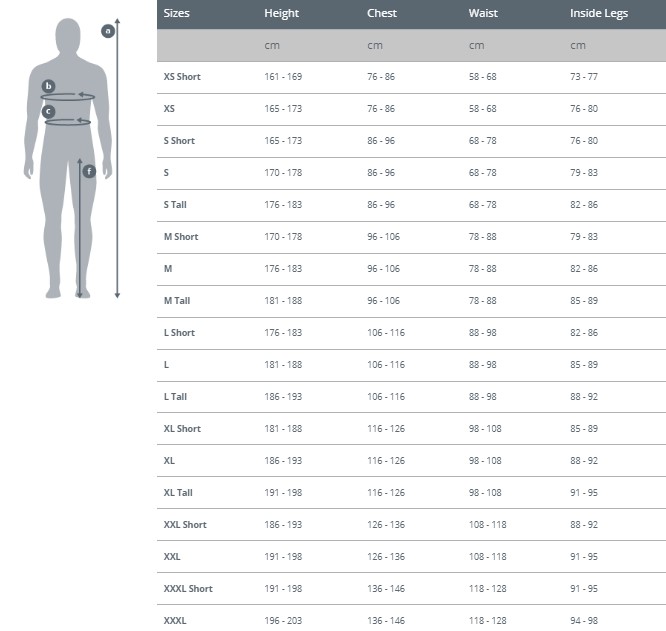 Men's Fourth Element Xenos 5mm wetsuit size chart