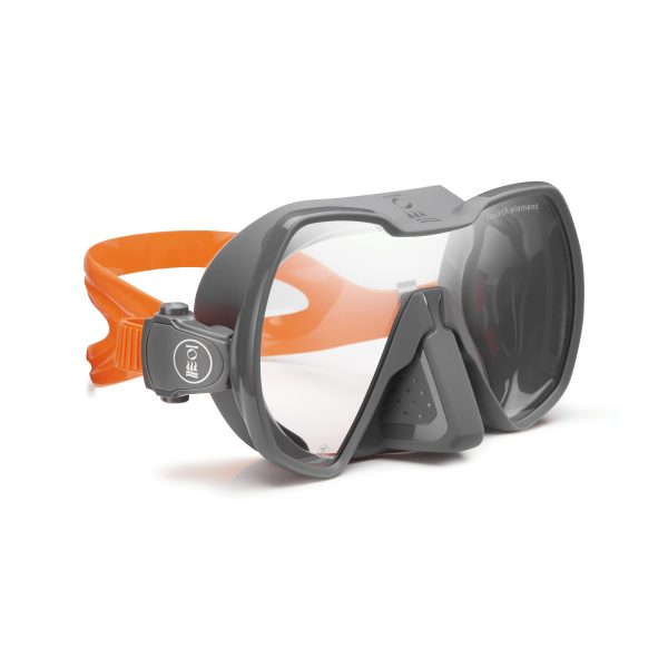 Side view of the Fourth Element Seeker Mask in grey and orange with clarity lens