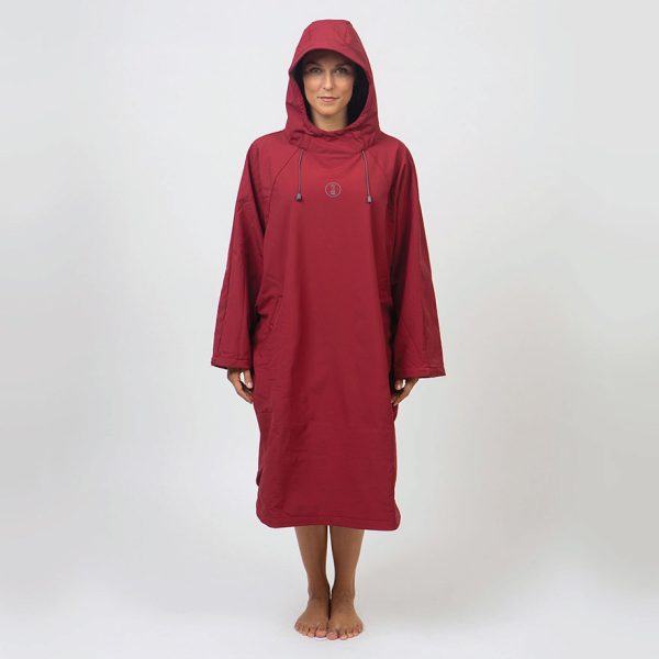 Burgundy Fourth Element Storm Poncho with hood up