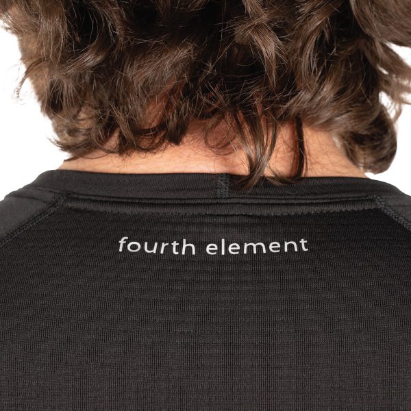 Close up of the logo on the back of the Fourth Element J2 Short Sleeve top